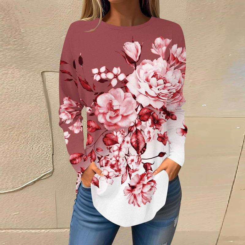 Повседневный топ с круглым вырезом и длинным рукавом, цветочная модная женская футболка большого размера с 3D-принтом, женские осенние свободные топы
