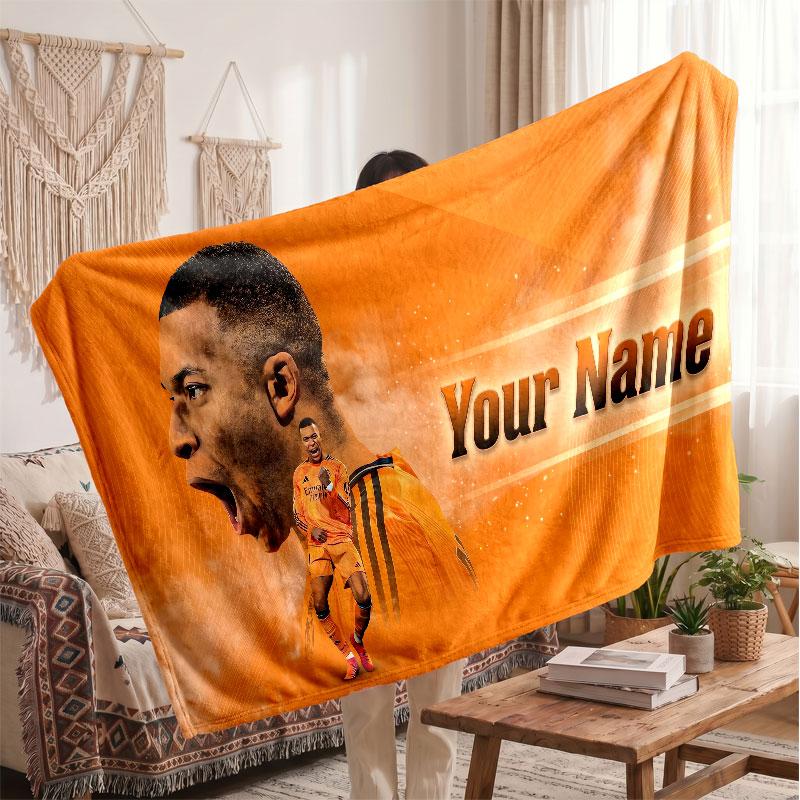 Kylian Mbappe Personalized Fleece Blanket With Football Logo, Custom Name Text Soft Warm Home Throw Blanket