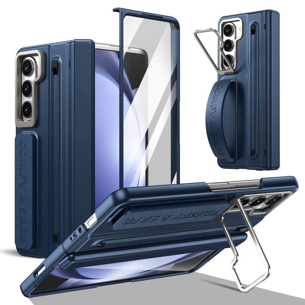 Складной чехол со стилусом для Samsung Z Fold 4 5 6 7 Рамка для объектива из алюминиевого сплава Держатель Встроенный силиконовый ремешок Стеклянная пленка для экрана