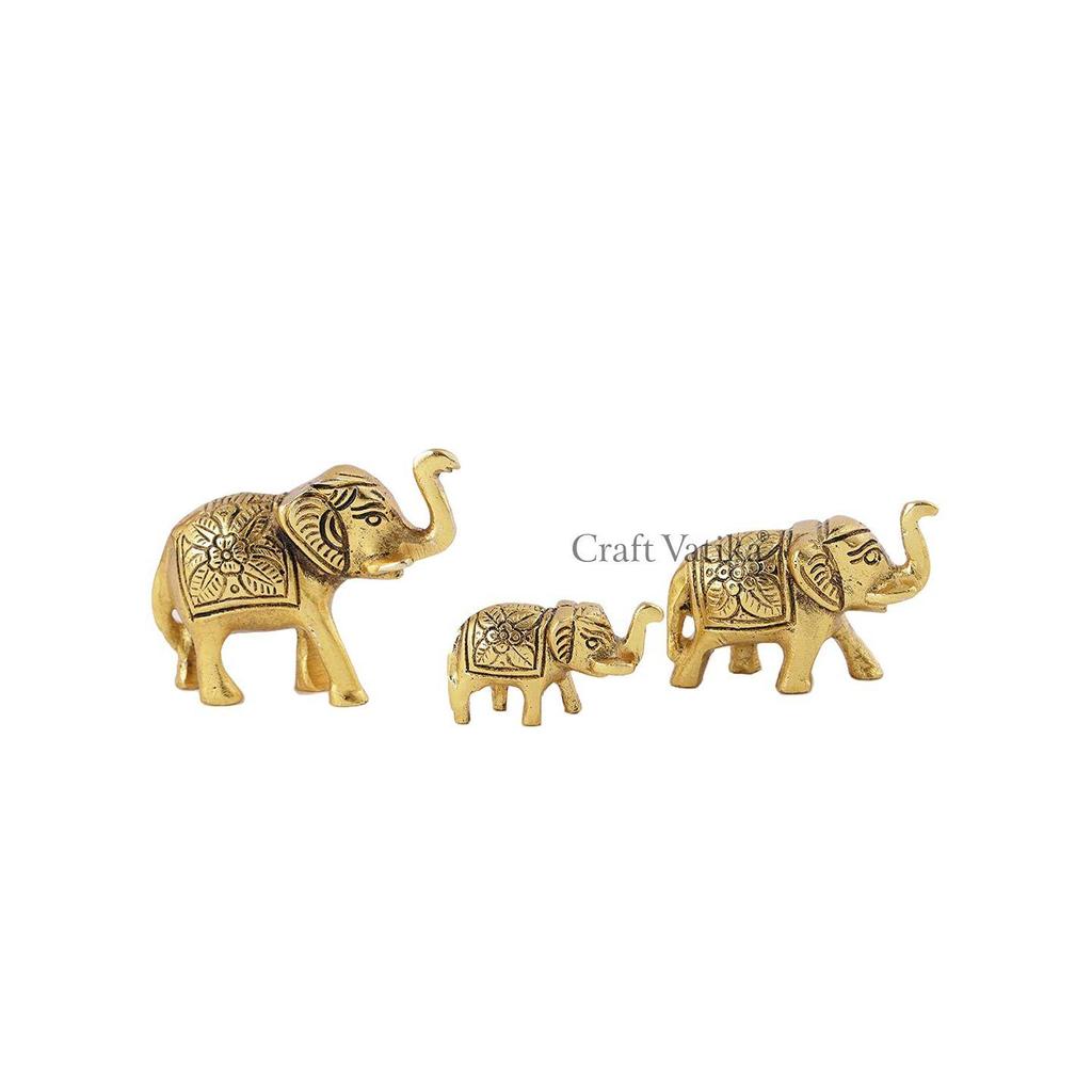 Set of 3 Metal Trunk Up Elephant Family Statue Showpiece Figurine -Fengshui Vastu Lucky - Home Decor Living Room Office Desktop & Gifting