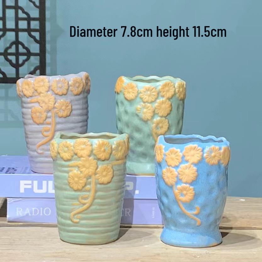 Retro Ceramic Succulent Pot - Large & Small with Creative Handmade Relief Design