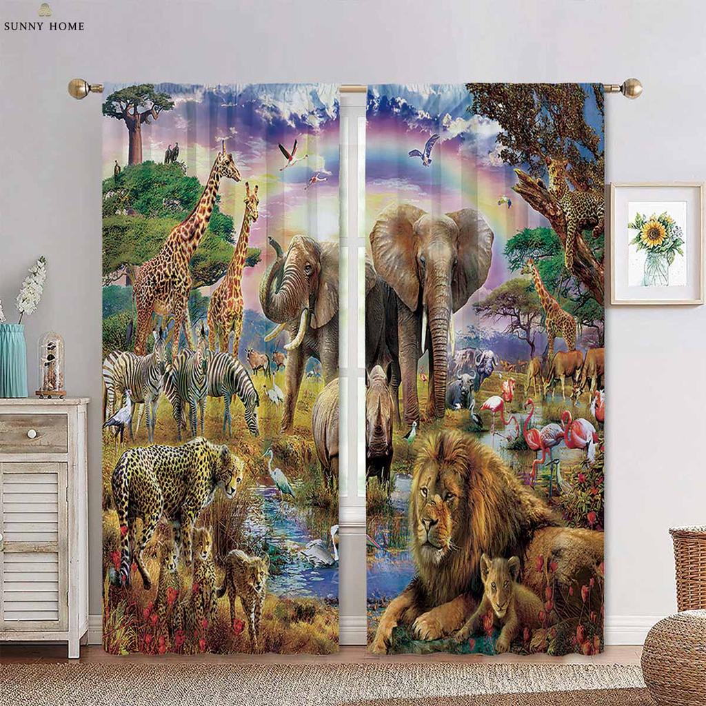 Шторы с рисунком лесных животных из мультфильмов, подходящие для гостиной, кухни, детской комнаты, декоративные шторы, 2 шт.