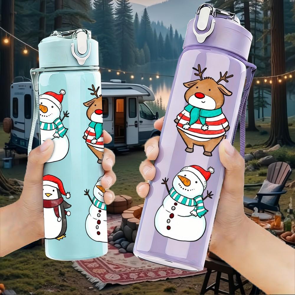 1PC Gingerbread Man Xmas Print 750ml Color Plastic Sports Water Bottle Leakproof Flip Straw Lid Suitable for Sports Office Home Use