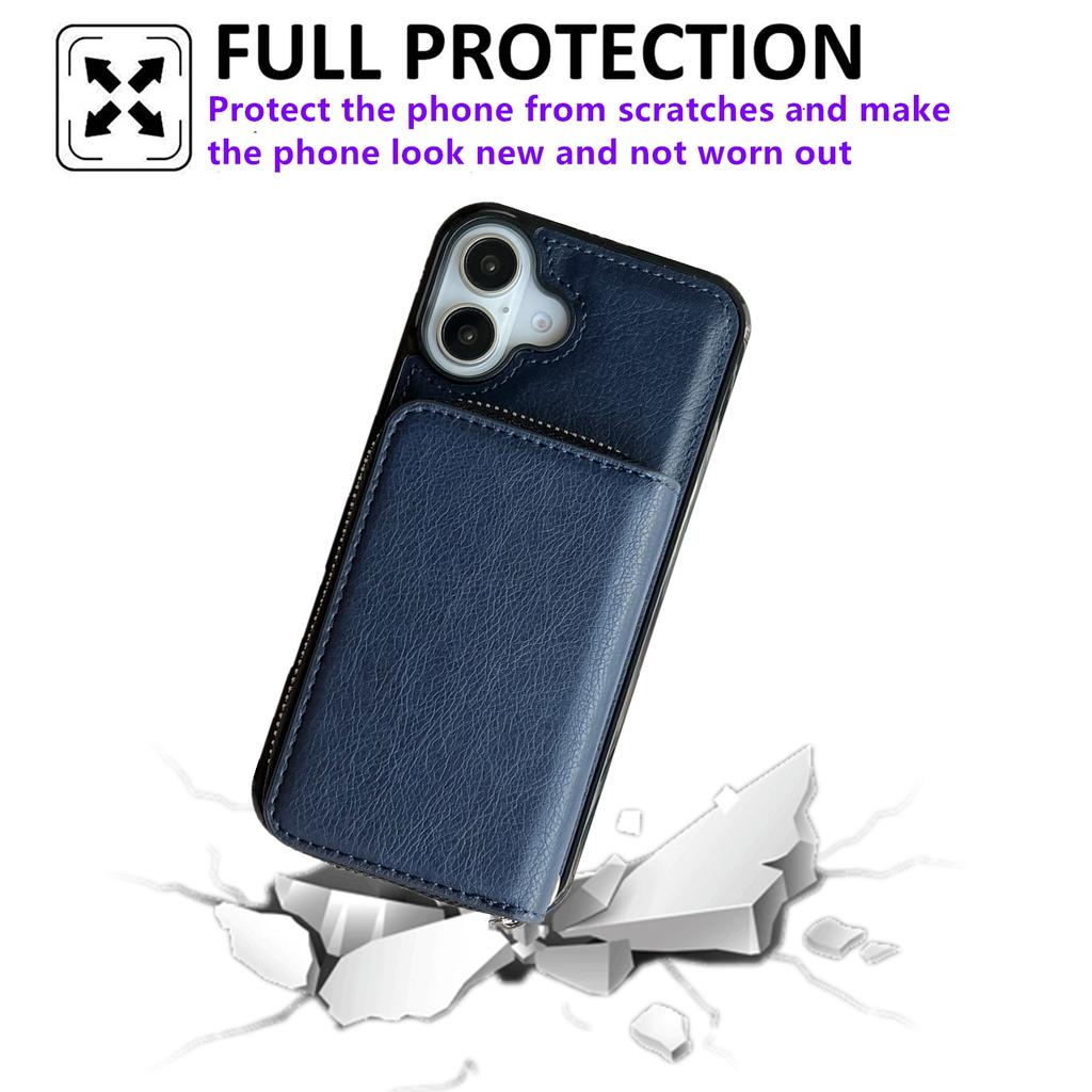 For iPhone 17 Case Detachable Zipper Card Bag PU TPU Kickstand Phone Case with Strap