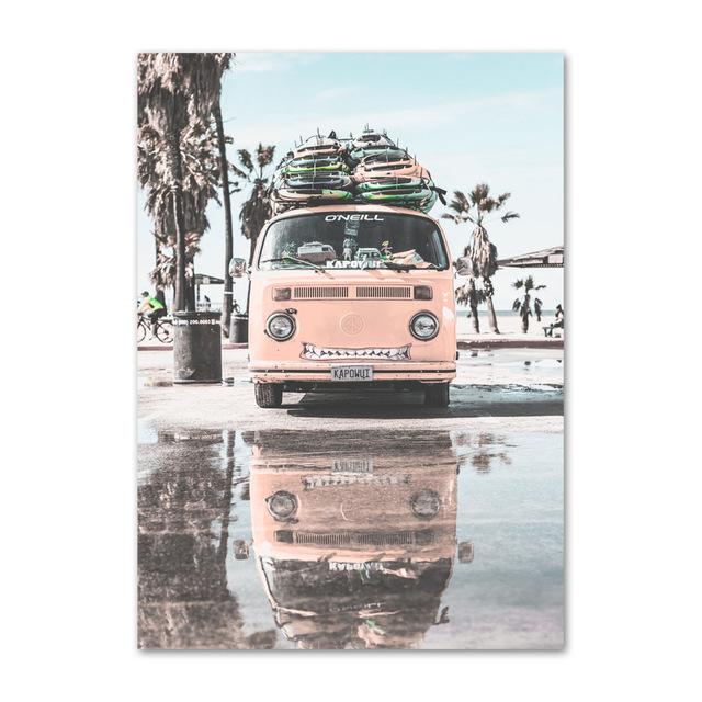 Nordic Summer Coastline Surf Canvas Poster Print Sunny Beach Bus Palm Trees Wall Art Painting Landscape Pictures For Living Room