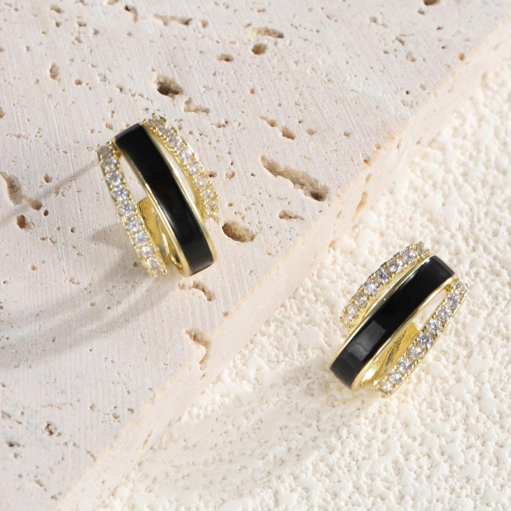 Classic Everything Fashion Light Luxury Temperament Copper Plus Zircon Geometric Dripping Oil Earrings Advanced Sense of Small Simple Earrings