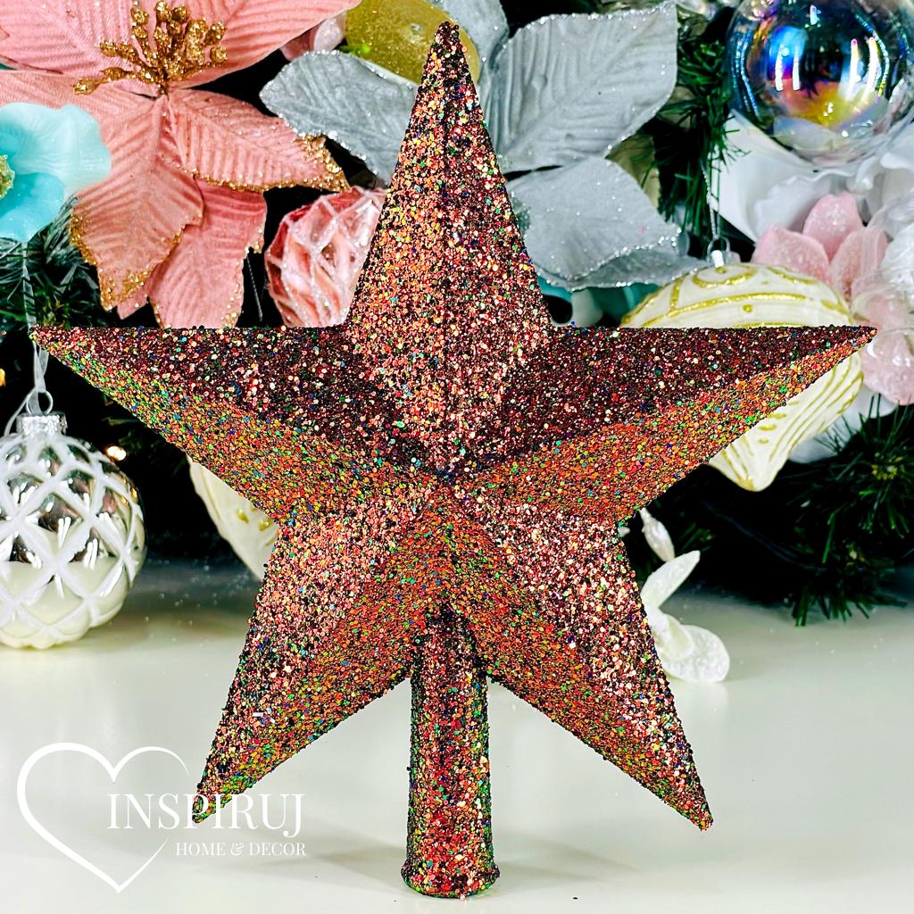 Christmas tree topper - Holographic copper glitter star 20 cm