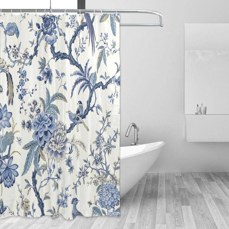 Blue and White Chinoiserie Shower Curtain with Hooks Waterproof Washable Fabric Bath Curtain with Bird and Flower Pattern for Outdoor Decor