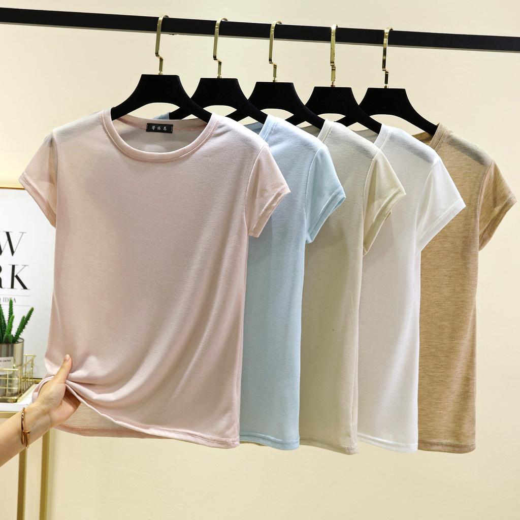 O-Neck Short Sleeve Tshirts Slim Fit Solid Color Summer Thin T-shirt Woman Bottomed Tee Tops All Match