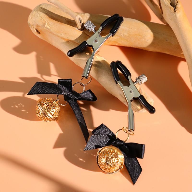 New Adjustable Nipple Clamps With Black Bow And Hollow Golden Bell Perfect For Couple Intimate Play Bedroom Cosplay