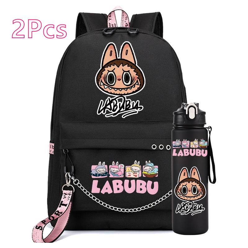 2Pcs/set Anime Printed Backpack Girl Schoolbag Teen Student Back To School Mochila Rucksack Child 750Ml Sport Water Bottle