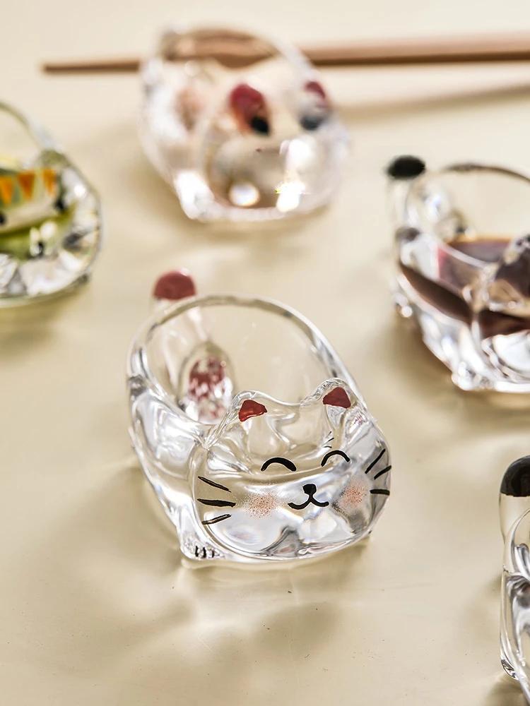 Креативная тарелка для соуса «Китти», хрустальное стекло, томатный салат, соевый соус, уксус, сухая тарелка, мультяшный домашний перекус, маленькая тарелка, держатель для палочек для еды