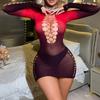 Gradual Change Red Sex Sexy Fishing Net Onesie Pajamas Hip Skirt Long Sleeve Backless Breast Mesh