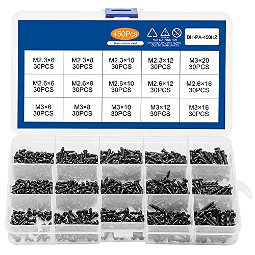PENGLIN 450-Piece Pan Head Tapping Screw Set, Carbon Steel, M2.3, M2.6, M3, Black, Micro Screws, Pan Head Tapping Screws
