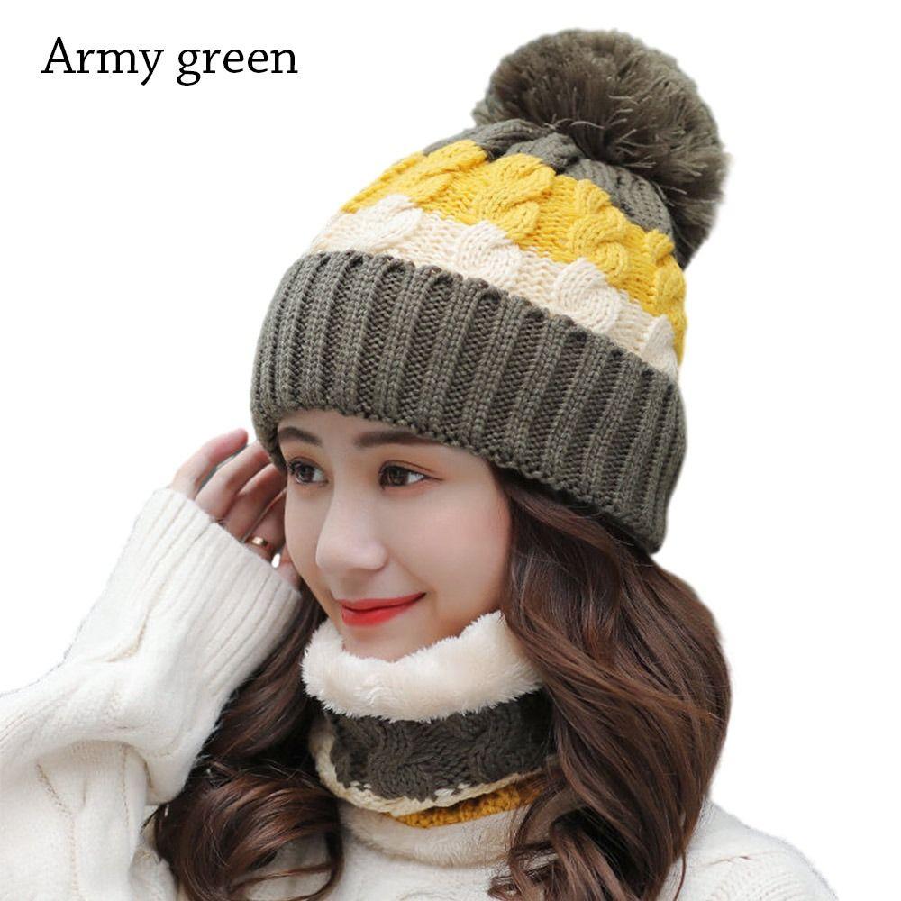 2PCS/Set Warm Scarf Set Neck Protection Beanies Hat Winter Knitted Hat Women