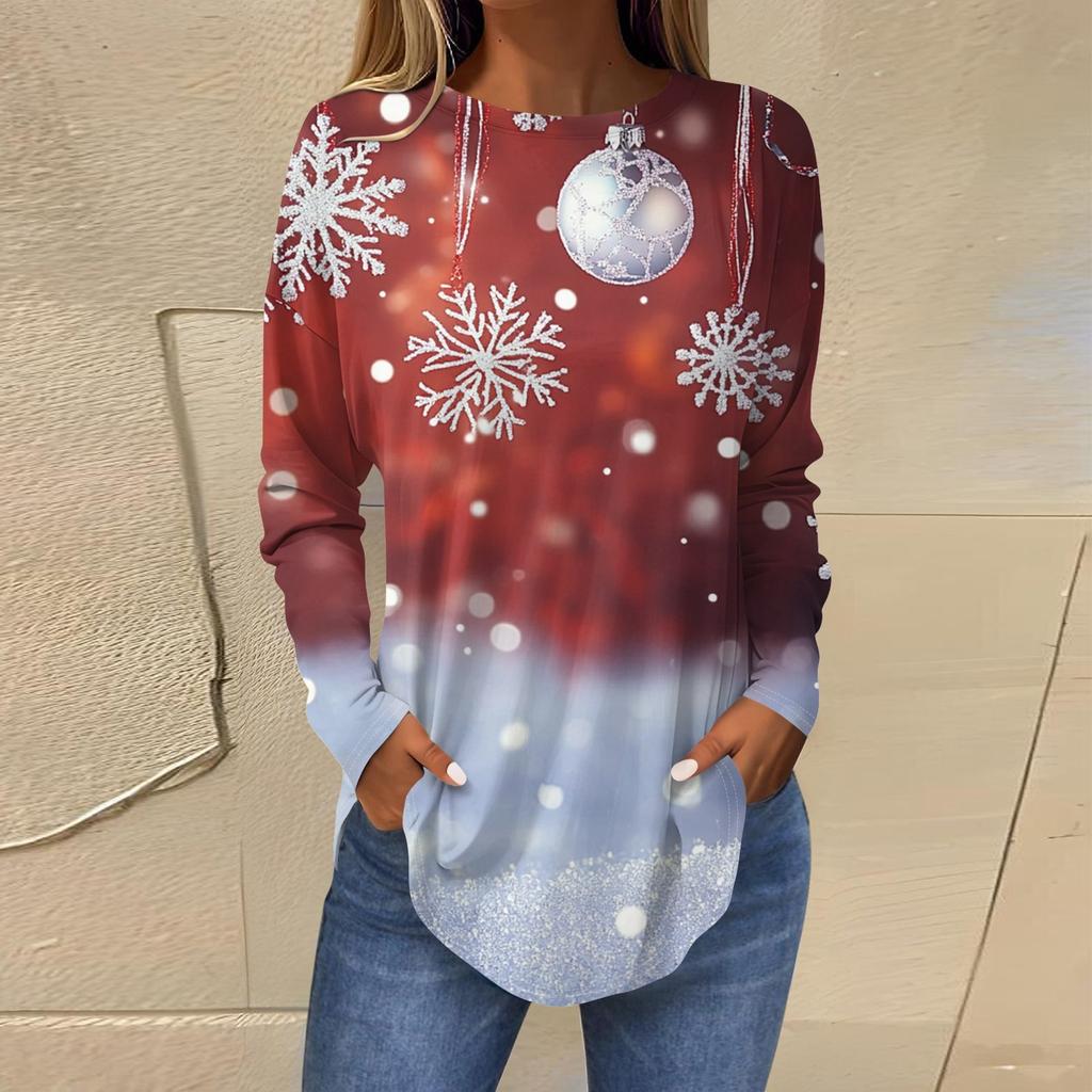 Женская свободная футболка с круглым вырезом и длинными рукавами с принтом в стиле ретро, пуловер на Рождество