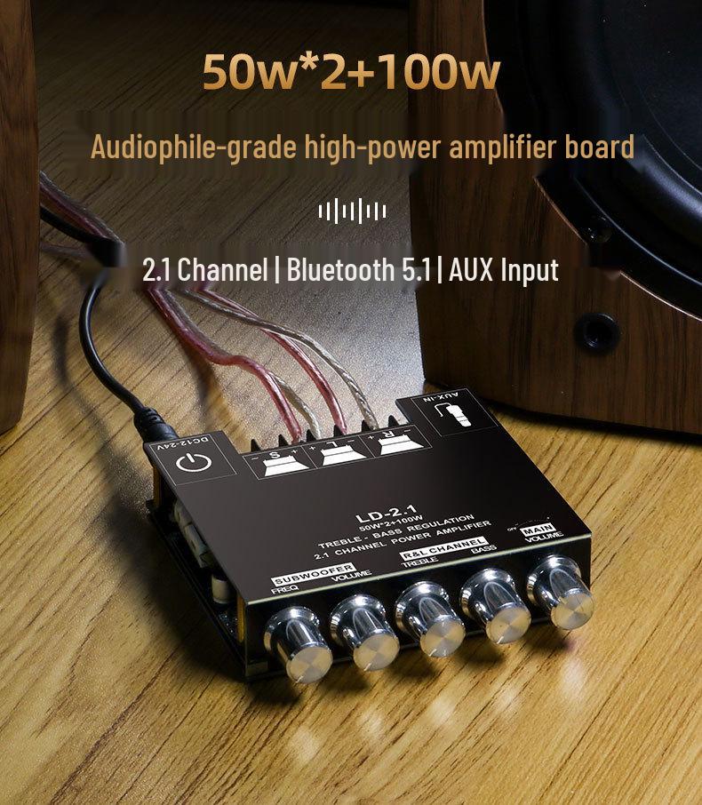 2.1-канальная цифровая плата усилителя с Bluetooth, функциями регулировки высоких/низких частот, супербаса и высокой мощностью для сабвуферов и автомобильных аудиосистем.