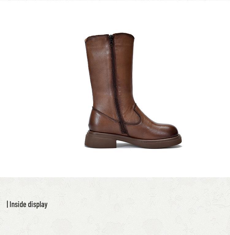 Ботинки-жокеи из натуральной кожи до середины икры с боковой молнией, женские ботинки на среднем каблуке из коровьей кожи с флисовой подкладкой, осень/зима 2025.