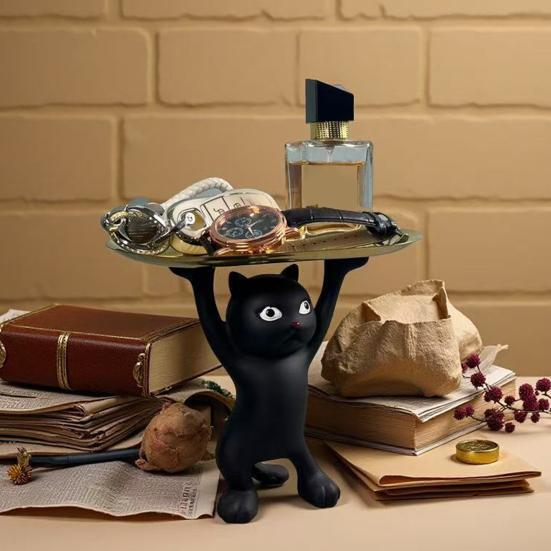 Cartoon Cat Key Storage Tray Resin Standing Cat Figurine Statue with Tray Multi-purpose Jewelry Trinket Holder Organizer Decoration