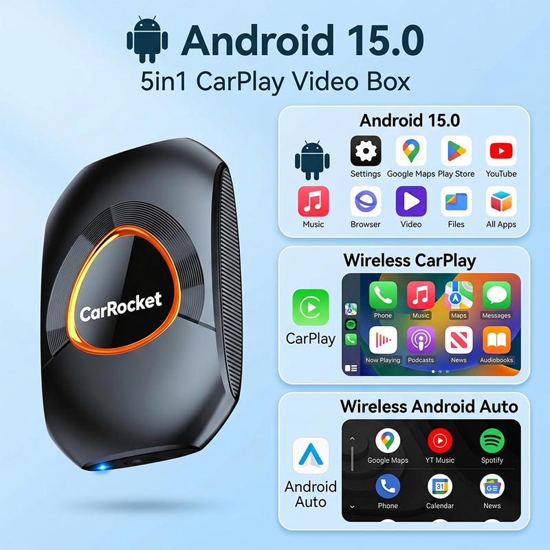 CarRocket Беспроводная AI-бокс CarPlay для автомобилей с заводским проводным CarPlay Android 15.0 Android Auto Двухдиапазонный WiFi Bluetooth 5.2 Авто Кон