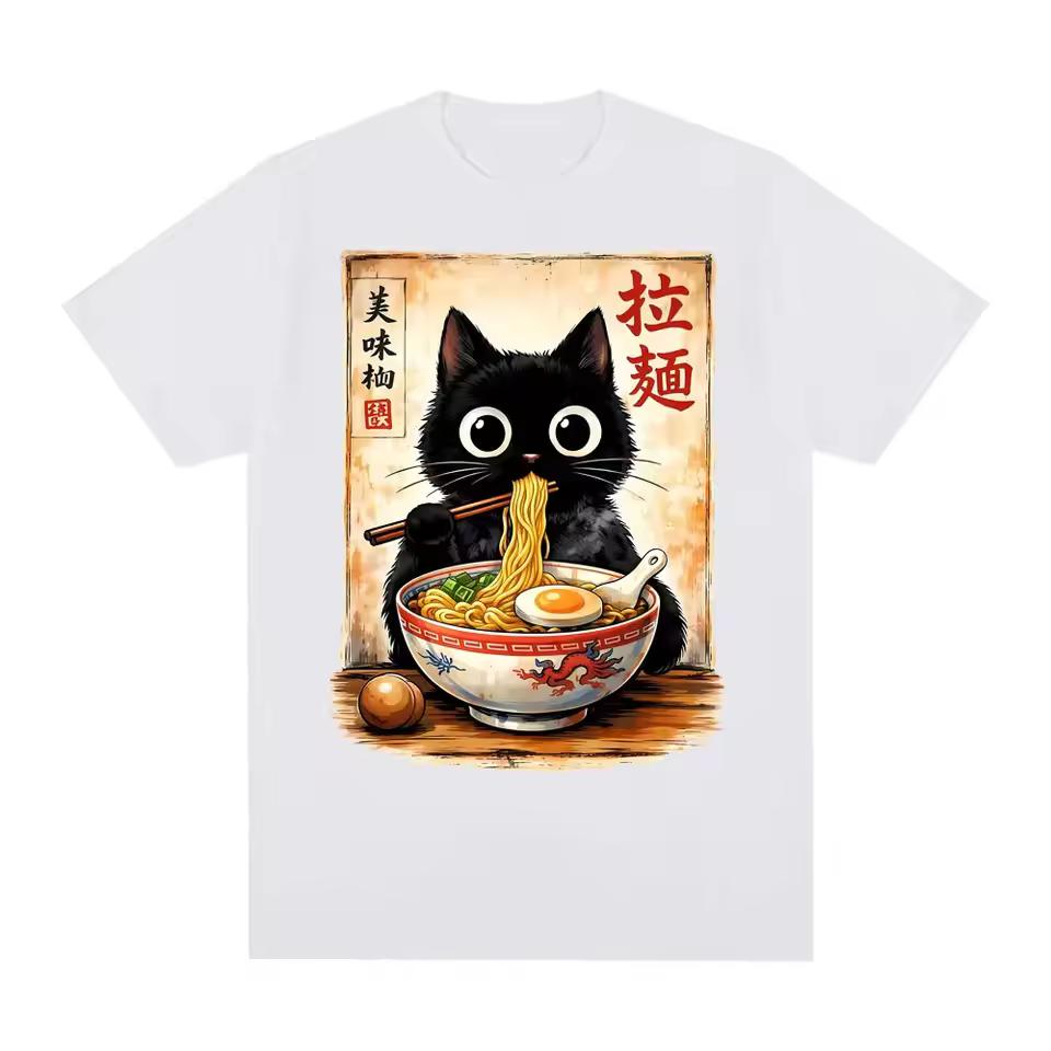Cute Cat Slurping Ramen T-Shirt Men's and Women's 2026 New Summer Cotton Clothing Harajuku Fashion Round Neck Short Sleeve Top