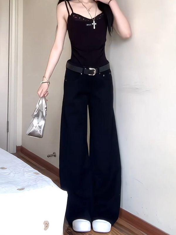 Женские джинсы High-End American Retro Black Wide-Leg - Заниженная талия, облегающий крой, драпировка, свободные, повседневные летние брюки