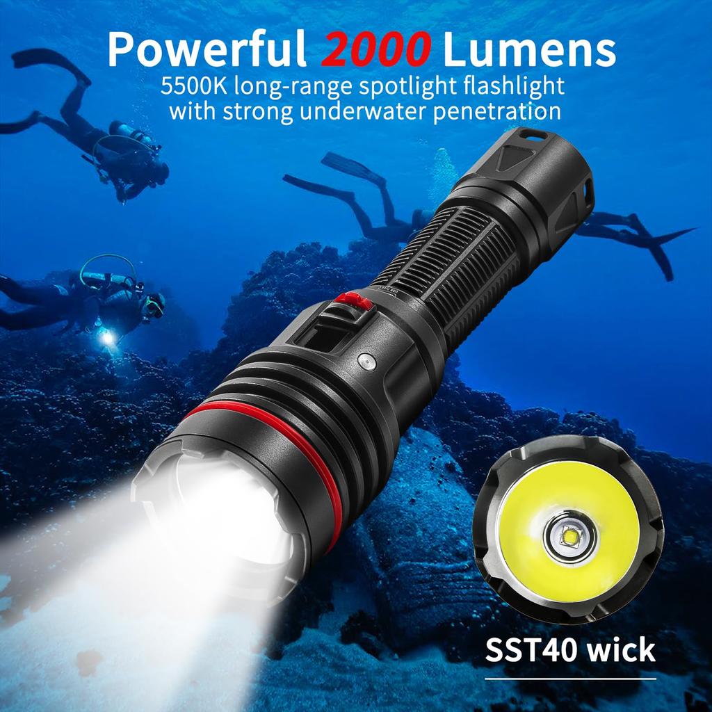 Diving LetonPower 2000 Lumens Underwater 100m Diving Charging Diving Underwater Spotlight Long Shot Diving Light Light, Light, Light, Type-C Light,
