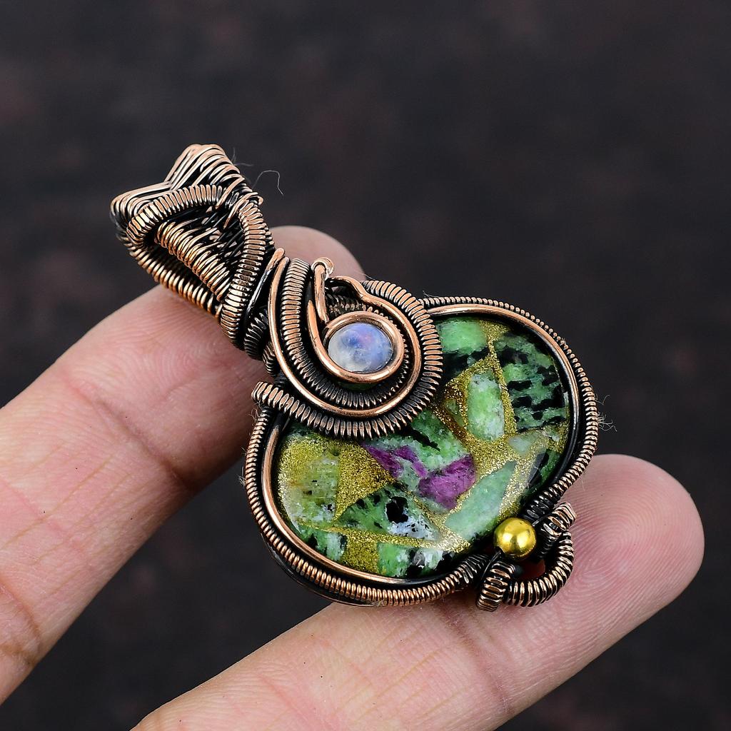 Copper Ruby Zoisite Pendant Copper Wire Wrapped Jewelry Gemstone Pendant Rainbow Moonstone Handmade Jewelry Copper Designer Pendant For Gift