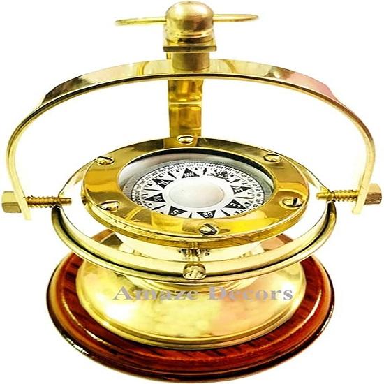 Brass Gimbled Compass Nautical Brass Compass On Wooden Base Marine Ship Compass