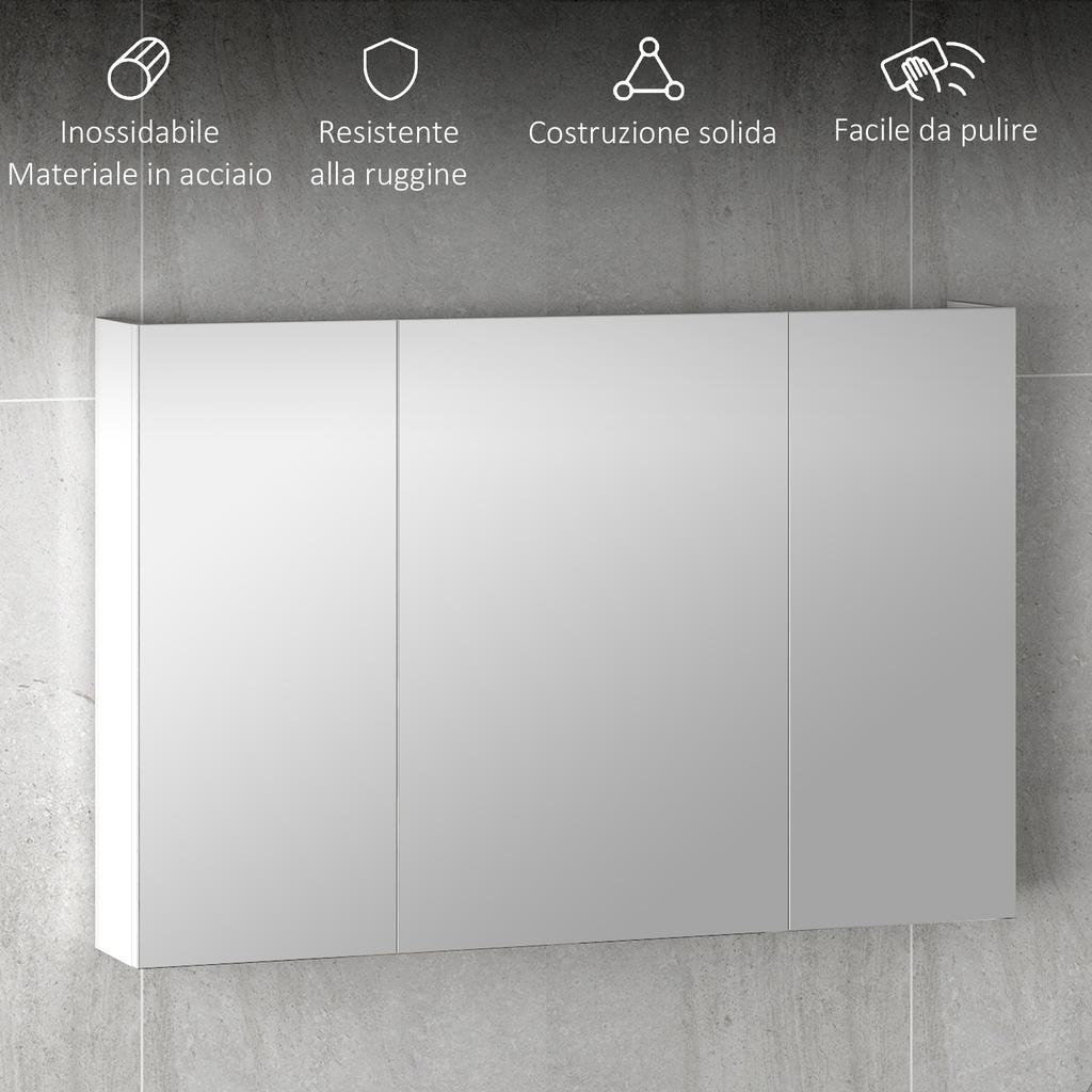 Bathroom Wall Cabinet with 3 Mirrored Doors and Adjustable Wooden Shelves, 90x13.5x60cm, White