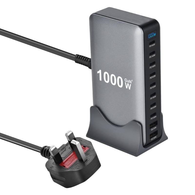 10-портовое USB-C зарядное устройство 1000 Вт, технология нитрида галлия, универсальная совместимость, компактный дизайн для нескольких электронных устройств