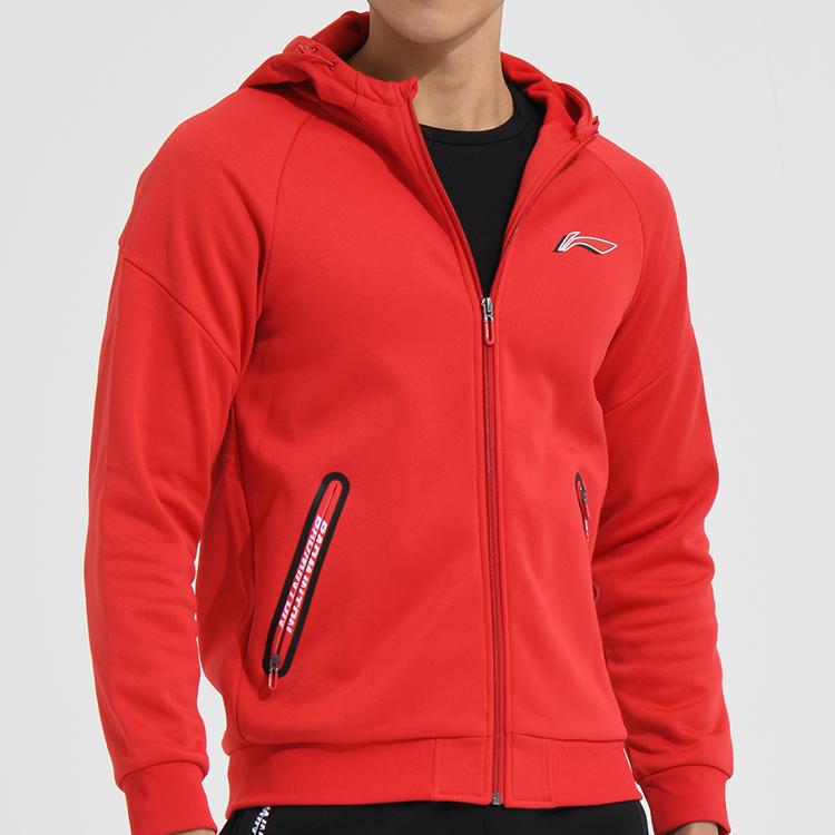 Li Ning Badminton Series Solid Color Logo Print Zipper Fleece Hoodie Men Hoodies Crimson-Red AWDSA03-3