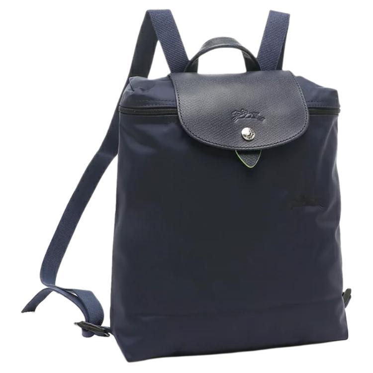 Longchamp Le Pliage Green 26 Однотонный Рюкзак на кнопке-молнии Мягкий переработанный холст с кожаной отделкой Женский рюкзак Темно-синий 1699919P68