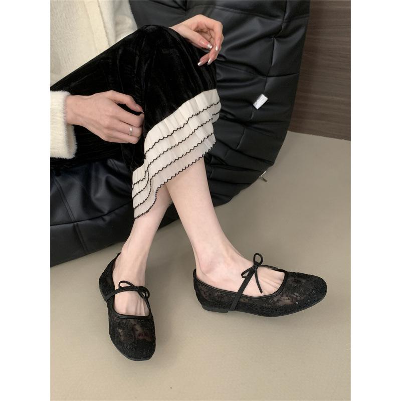 Нежный вечерний бриз, балетки с бантом для девочки, 2025, новые туфли-лодочки с ажурной сеткой и вышивкой, одинарные туфли