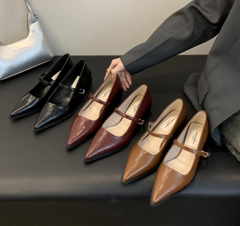 Модные туфли Мэри Джейн на толстом каблуке в ретро-стиле для женщин, модные туфли-лодочки с неглубоким вырезом и острым носком для комфорта леди в офисе