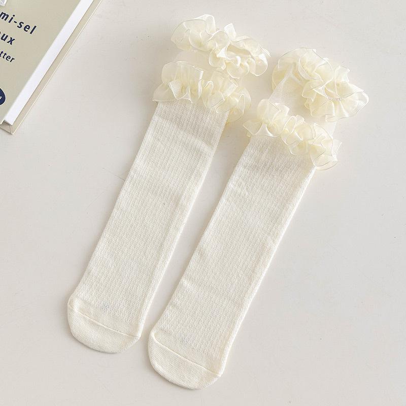 1 пара милых летних тонких носков для детей-девочек, белые, бежевые, с бантом и оборками, детские носки, милые сетчатые, полые, дышащие носки