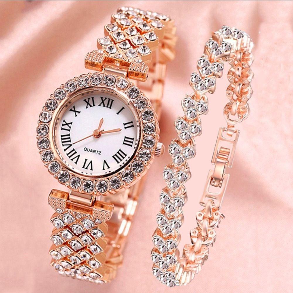 Luxury Women's Wristwatch Silver Watch Bracelet Set Trendy Rhinestone Quartz Watches Festival Gift