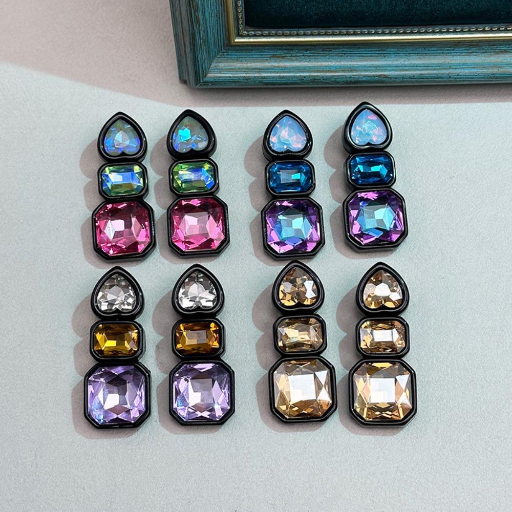 Colorful Shiny Rhinestone Earrings Resin Heart Shape Ear Jewelry Geometric Square Studs Gift