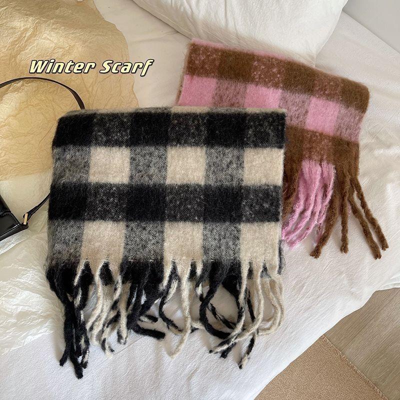 Cashmere Plaid Grid Scarf for Women Autumn Winter Thickened Warm Wrap Windproof Pashmina Scarves