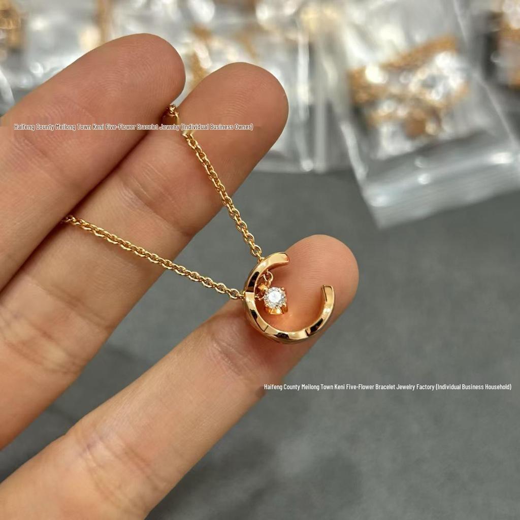 18k Gold Ice Moon & Bean Pendant Necklace Set with Diamond Pattern Choker