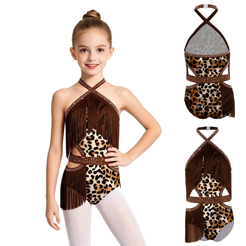Kids Rhinestone Tassel Latin Dance Competition Bodysuit Halter Sleeveless Crisscross Back Side Cutout Jumpsuit for Stage Show