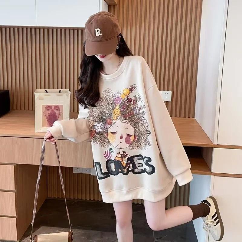 Толстовка для женщин Оверсайз Круглый вырез Утепленная Свободная Повседневная Пуловер Длинный рукав Зимняя Толстовка Топ