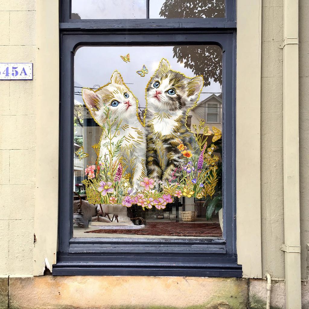 Da19031 Креативная бронзовая милая кошка цветок наклейка на окно магазин украшение для дома двухсторонняя визуальная статическая наклейка на стекло