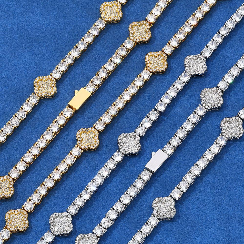 ODM Supplier Brass Four Leaf Clover CZ Tennis Bracelet Iced Out Spring Clasp Gold Silver Streetwear Jewelry for Men