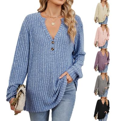 Элегантная классическая универсальная удобная осенне-зимняя футболка с V-образным вырезом, пуговицами, полосками, шерстяная свободная футболка с длинными рукавами, женская футболка с длинными рукавами