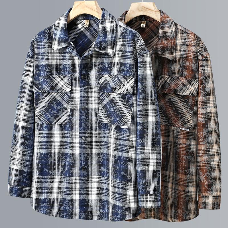 Vintage Plaid Shirt Oversized Outerwear Man Jackets Plus Size 4XL-11XL Casual Long Sleeve Top