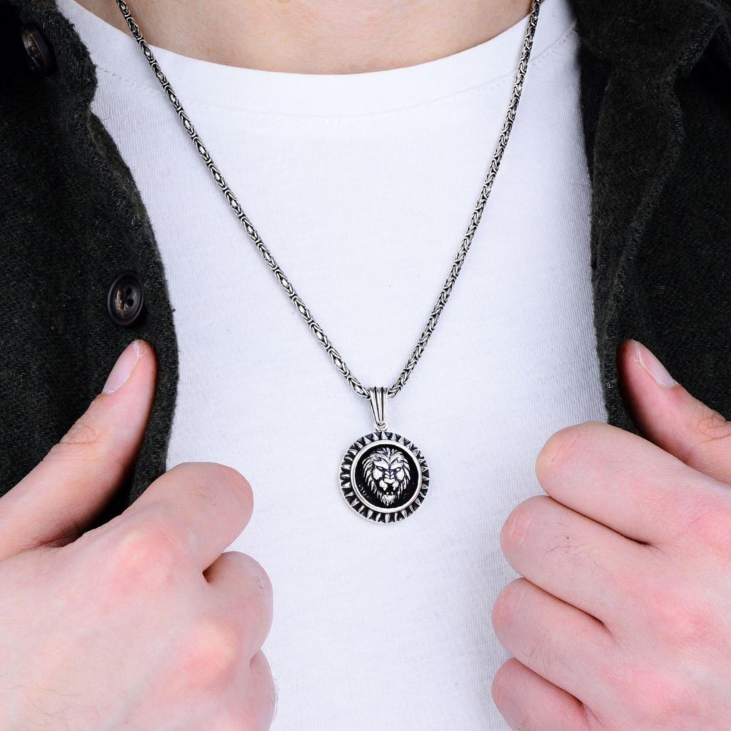 Ожерелье с подвеской в виде льва с черным родиевым покрытием для мужчин, турецкое серебро ручной работы, прочная византийская цепочка, уникальная идея мужского подарка