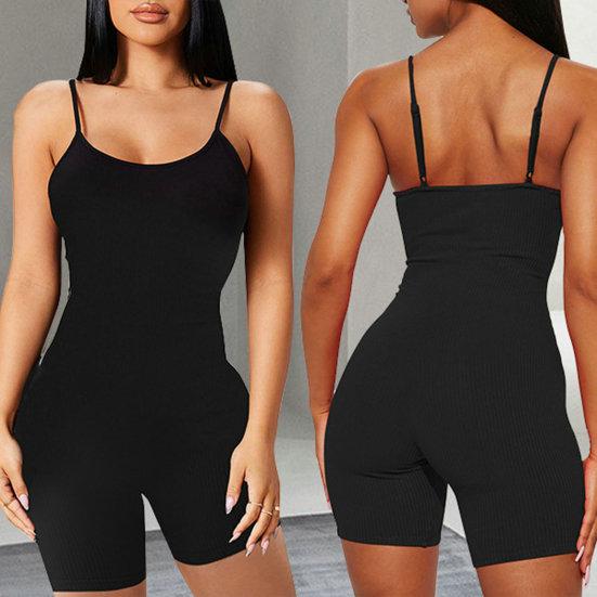Женский комбинезон без рукавов с открытой спиной на тонких бретельках, облегающий эластичный быстросохнущий комбинезон длиной выше колена, однотонная женская одежда