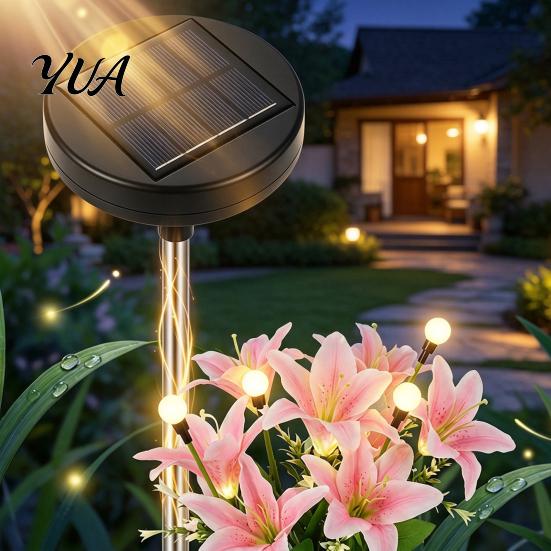 Artificial Flower Solar Lights 2Pcs Lights, Lily Bamboo Wisteria Garden Stake Decorative Stakes for Lawn Powered Firefly Waterproof Pathway