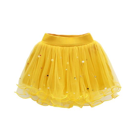 Детская юбка с эластичной талией и средней посадкой, однотонная юбка-пачка с бисером, милый стиль, многослойная сетчатая юбка-фонарик из пряжи